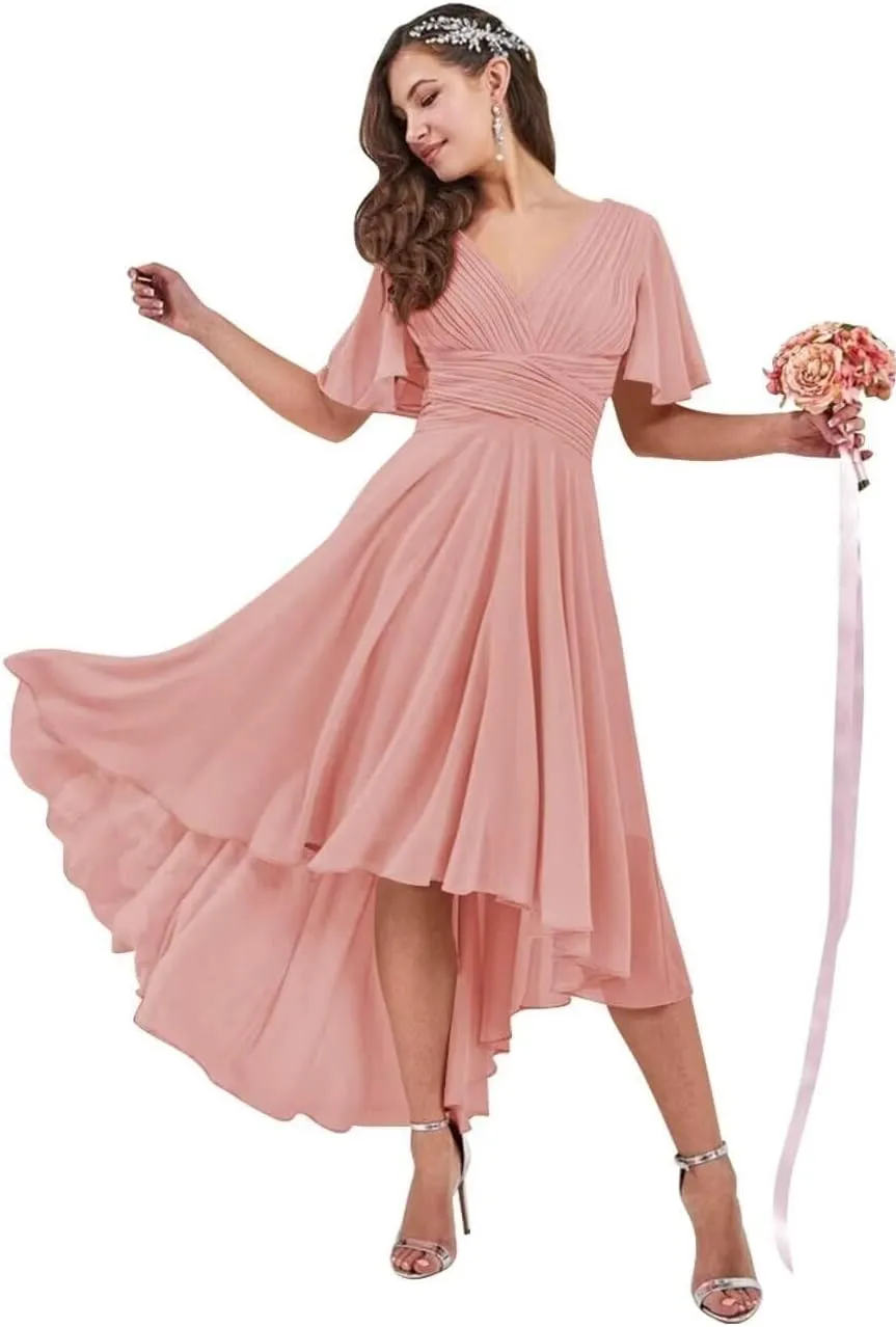 IIF Short Sleeve Bridesmaid Dresses with Pockets High Low Chiffon Formal Dresses for Women Wedding Guest IIF108