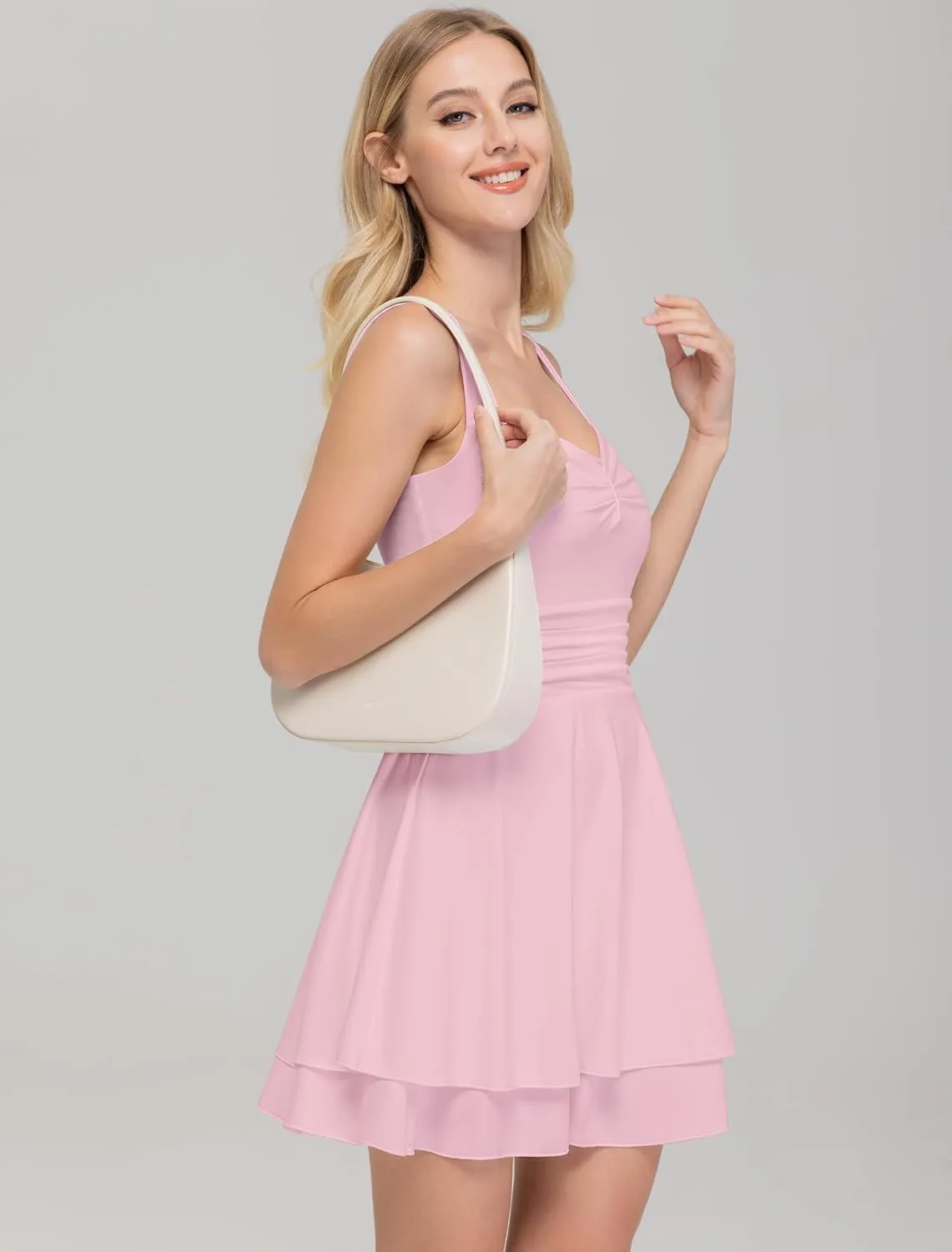 IWD Women's Square Neck Sleeveless Mini Dress Ruched Waist Tiered Ruffle Hem A Line Short Dresses