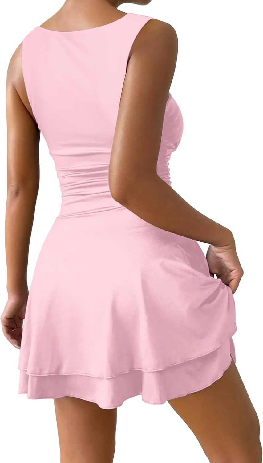 IWD Women's Square Neck Sleeveless Mini Dress Ruched Waist Tiered Ruffle Hem A Line Short Dresses