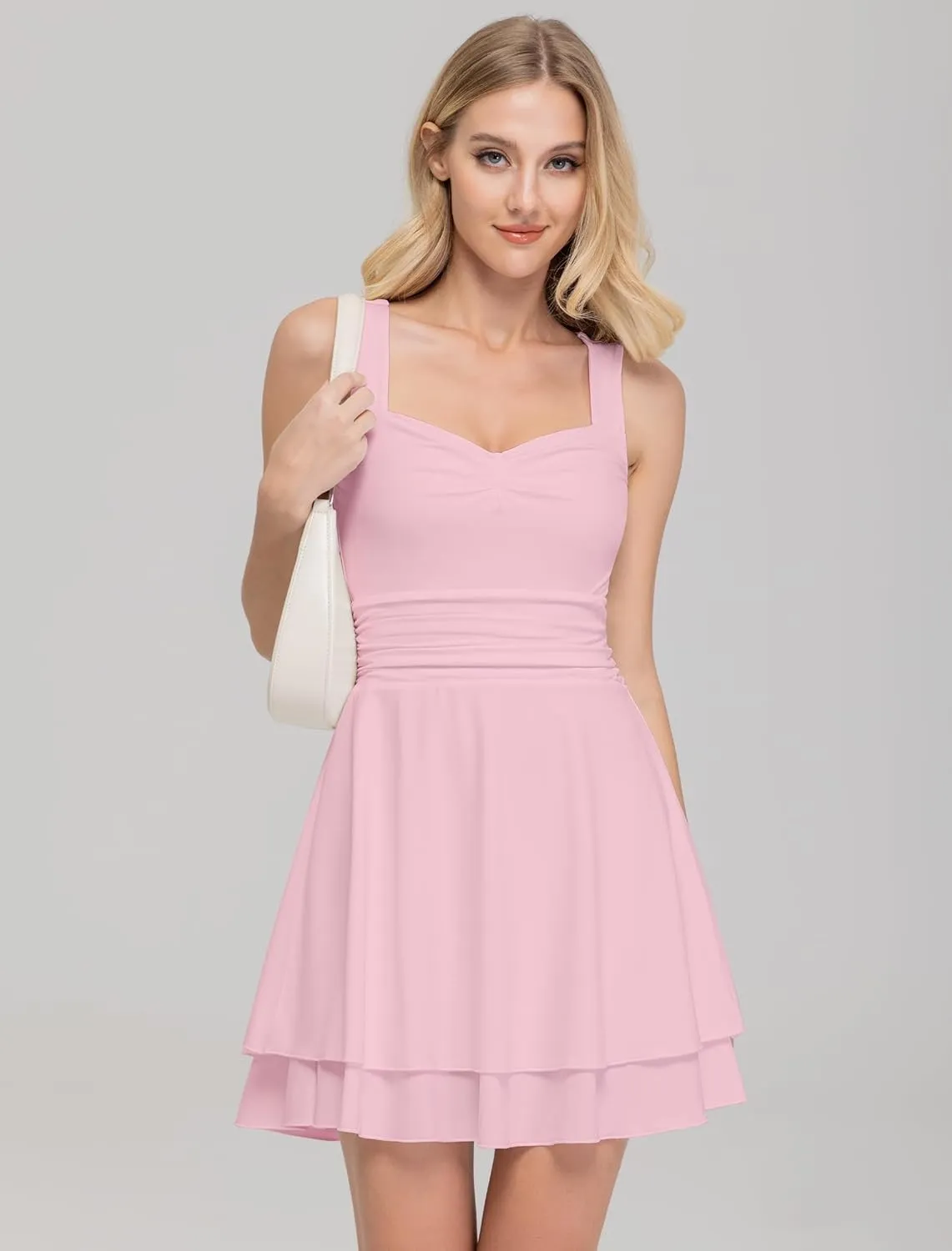 IWD Women's Square Neck Sleeveless Mini Dress Ruched Waist Tiered Ruffle Hem A Line Short Dresses