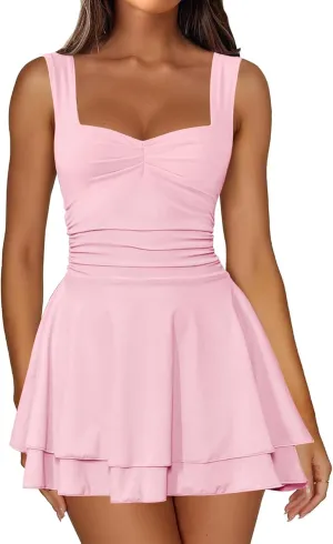 IWD Women's Square Neck Sleeveless Mini Dress Ruched Waist Tiered Ruffle Hem A Line Short Dresses