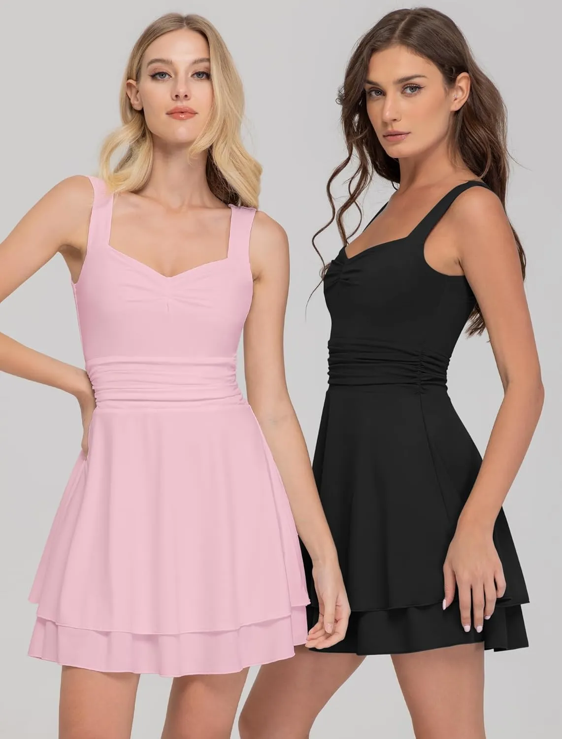 IWD Women's Square Neck Sleeveless Mini Dress Ruched Waist Tiered Ruffle Hem A Line Short Dresses