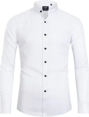 J.VER Mens Banded Collar Dress Shirts Long Sleeve Button Down Mandarin Collar Shirt Solid Stretch Shirt with Pocket