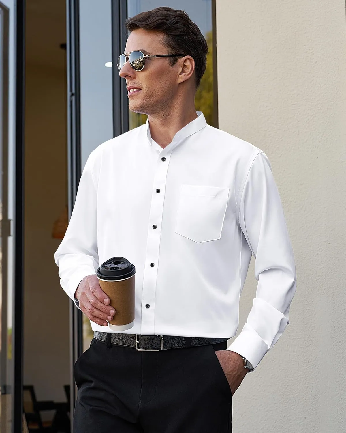 J.VER Mens Banded Collar Dress Shirts Long Sleeve Button Down Mandarin Collar Shirt Solid Stretch Shirt with Pocket