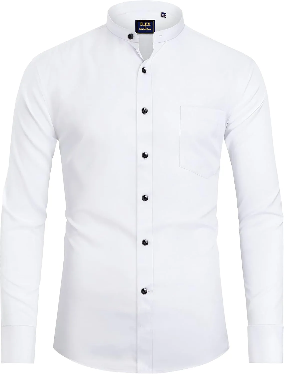 J.VER Mens Banded Collar Dress Shirts Long Sleeve Button Down Mandarin Collar Shirt Solid Stretch Shirt with Pocket