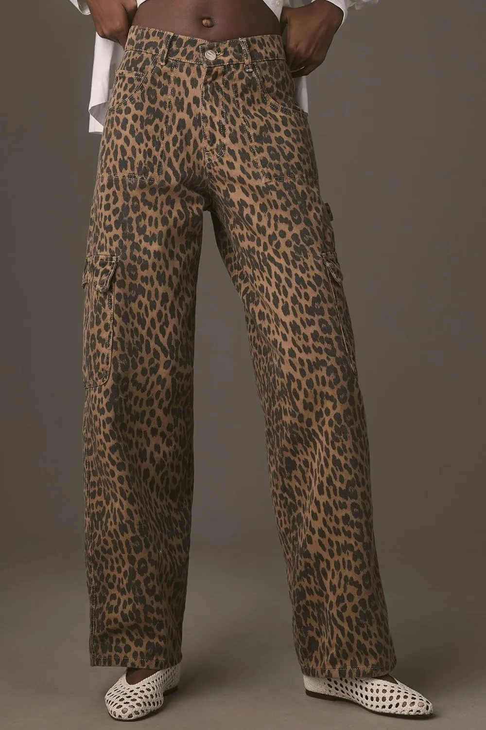 Kedera Leopard Carpenter Cargo Jeans Barrel Jeans for Women Wide Leg Denim Pants Y2k Baggy Boyfriend Jeans with Pockets