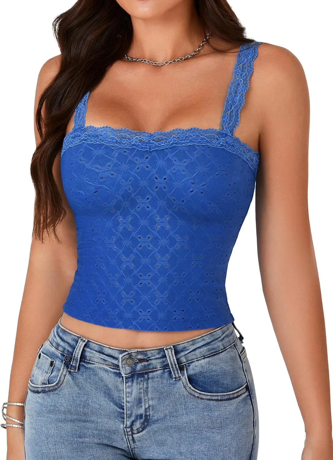 KIFOVEN Womens Lace Cami Crop Top Sleeveless Y2k Spaghetti Strap Slim Fit Going Out Tank Top Camisole