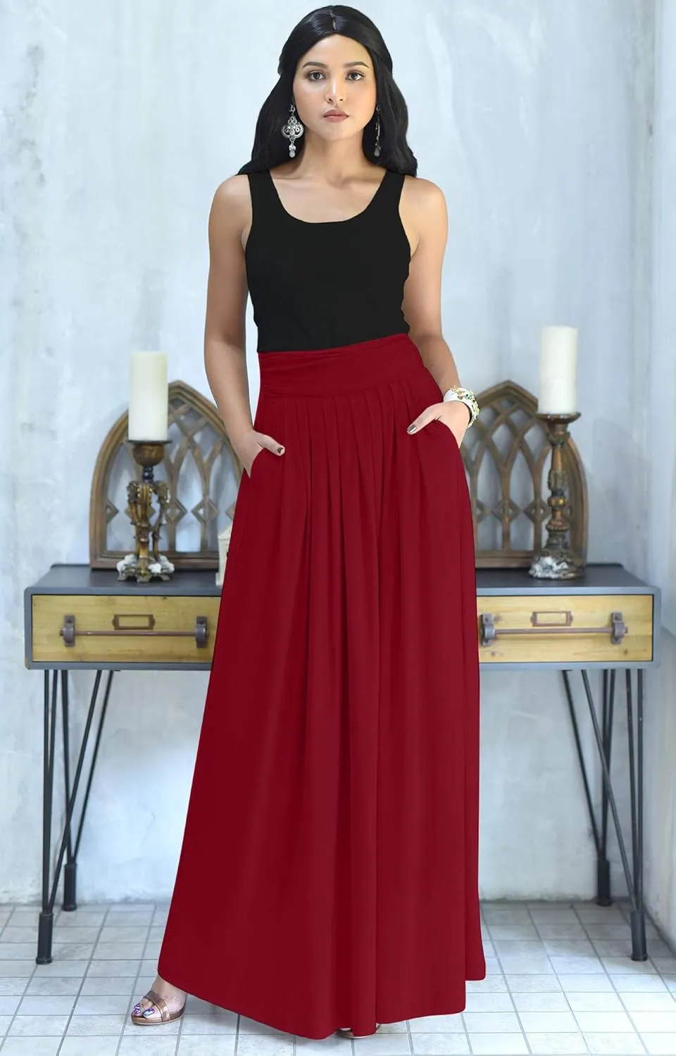 KOH KOH Womens Long Flowy Cute Modest High Waist Floor Length Pockets Maxi Skirt