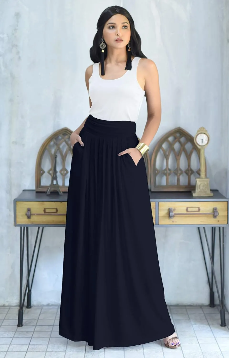 KOH KOH Womens Long Flowy Cute Modest High Waist Floor Length Pockets Maxi Skirt