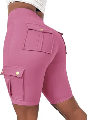 Kubbon Womens Workout Shorts High Waist Butt Lifting Yoga Shorts Tummy Control Leggings Gym Biker Cargo Shorts Flap Pockets