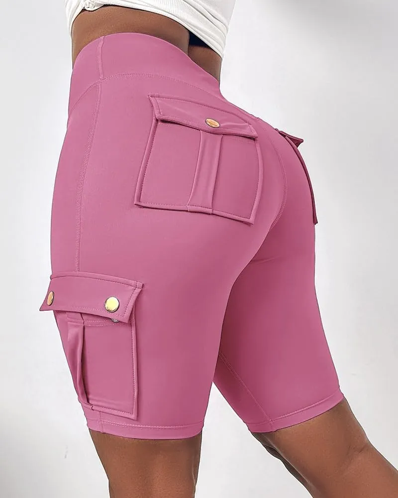 Kubbon Womens Workout Shorts High Waist Butt Lifting Yoga Shorts Tummy Control Leggings Gym Biker Cargo Shorts Flap Pockets