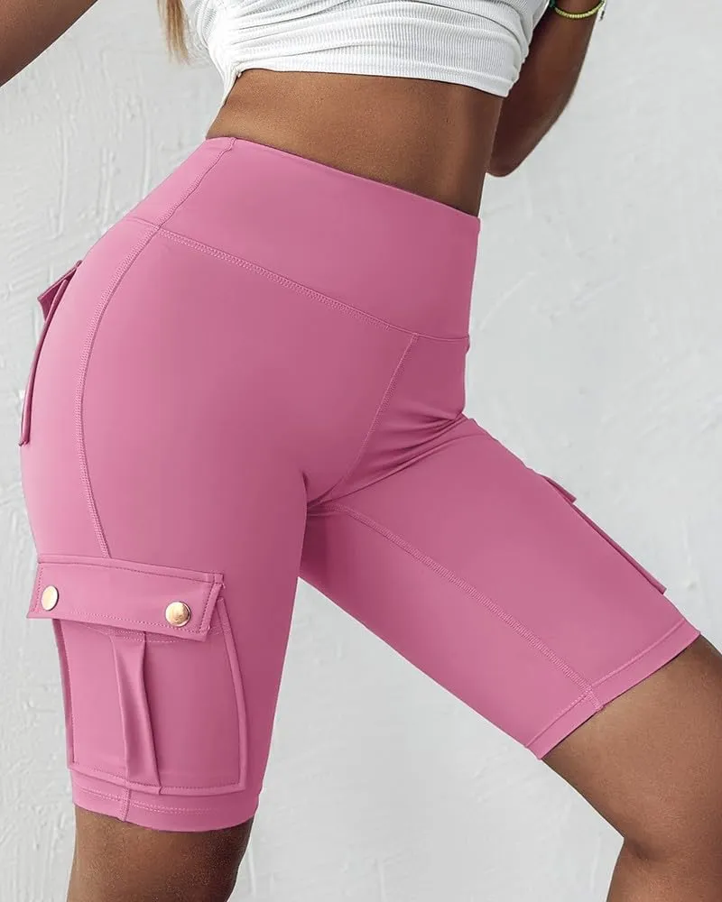 Kubbon Womens Workout Shorts High Waist Butt Lifting Yoga Shorts Tummy Control Leggings Gym Biker Cargo Shorts Flap Pockets