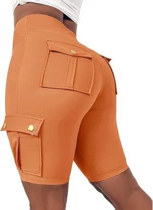 Kubbon Womens Workout Shorts High Waist Butt Lifting Yoga Shorts Tummy Control Leggings Gym Biker Cargo Shorts Flap Pockets
