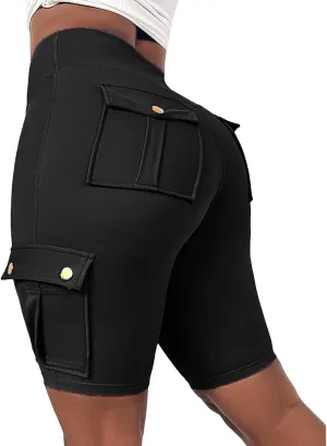 Kubbon Womens Workout Shorts High Waist Butt Lifting Yoga Shorts Tummy Control Leggings Gym Biker Cargo Shorts Flap Pockets