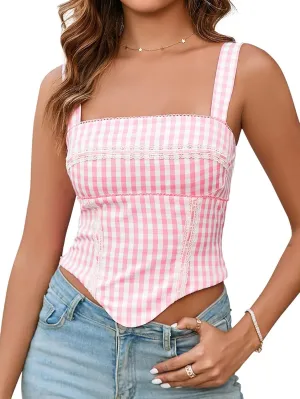 KUTUMAI 2025 Summer Gingham Bustier Sexy Square Neck Sleeveless Tank Top Going Out Corset Top for Women