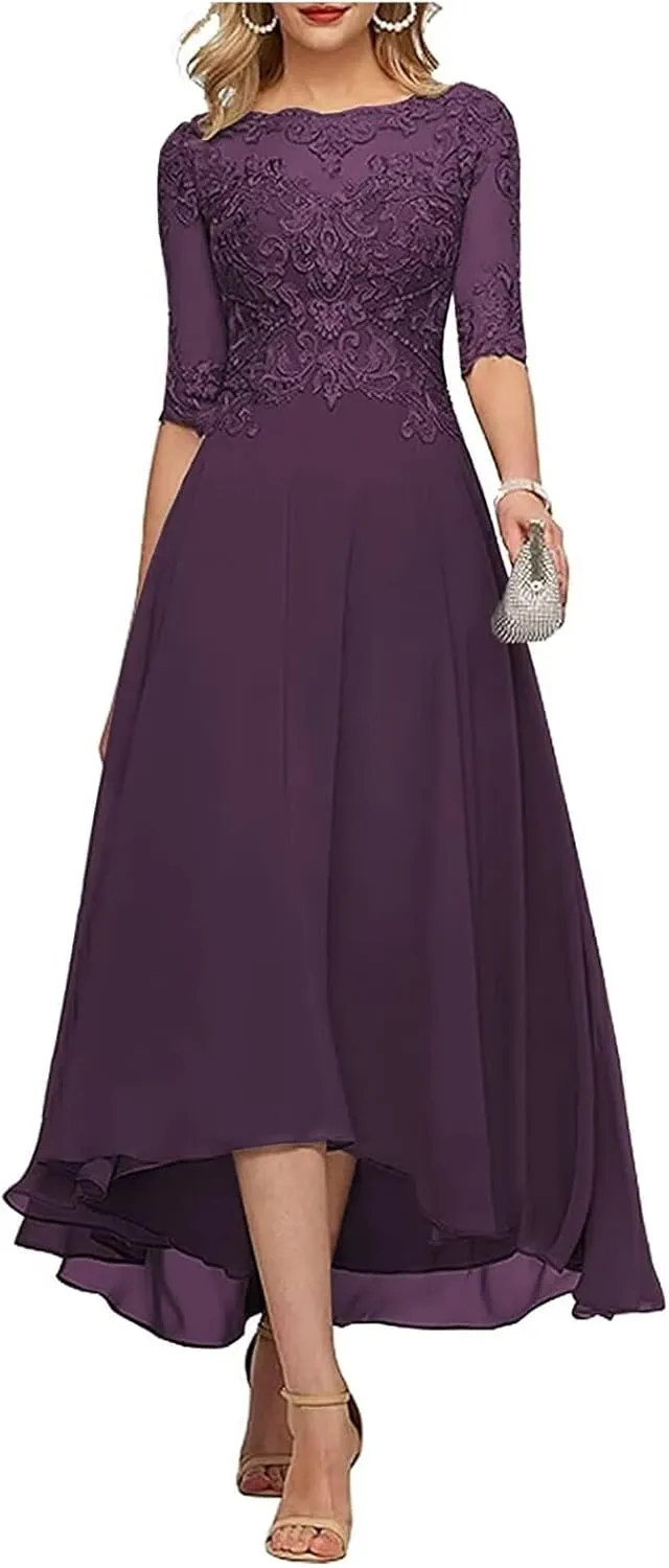 Lace Appliques Mother of The Bride Dresses Tea Length 3/4 Sleeves Mother of The Groom Dresses for Wedding Guest