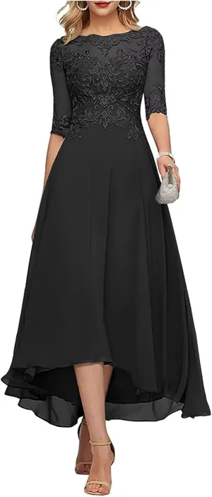 Lace Appliques Mother of The Bride Dresses Tea Length 3/4 Sleeves Mother of The Groom Dresses for Wedding Guest