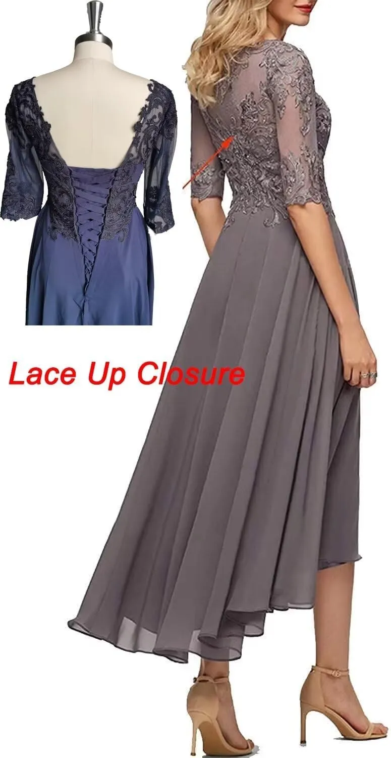 Lace Appliques Mother of The Bride Dresses Tea Length 3/4 Sleeves Mother of The Groom Dresses for Wedding Guest
