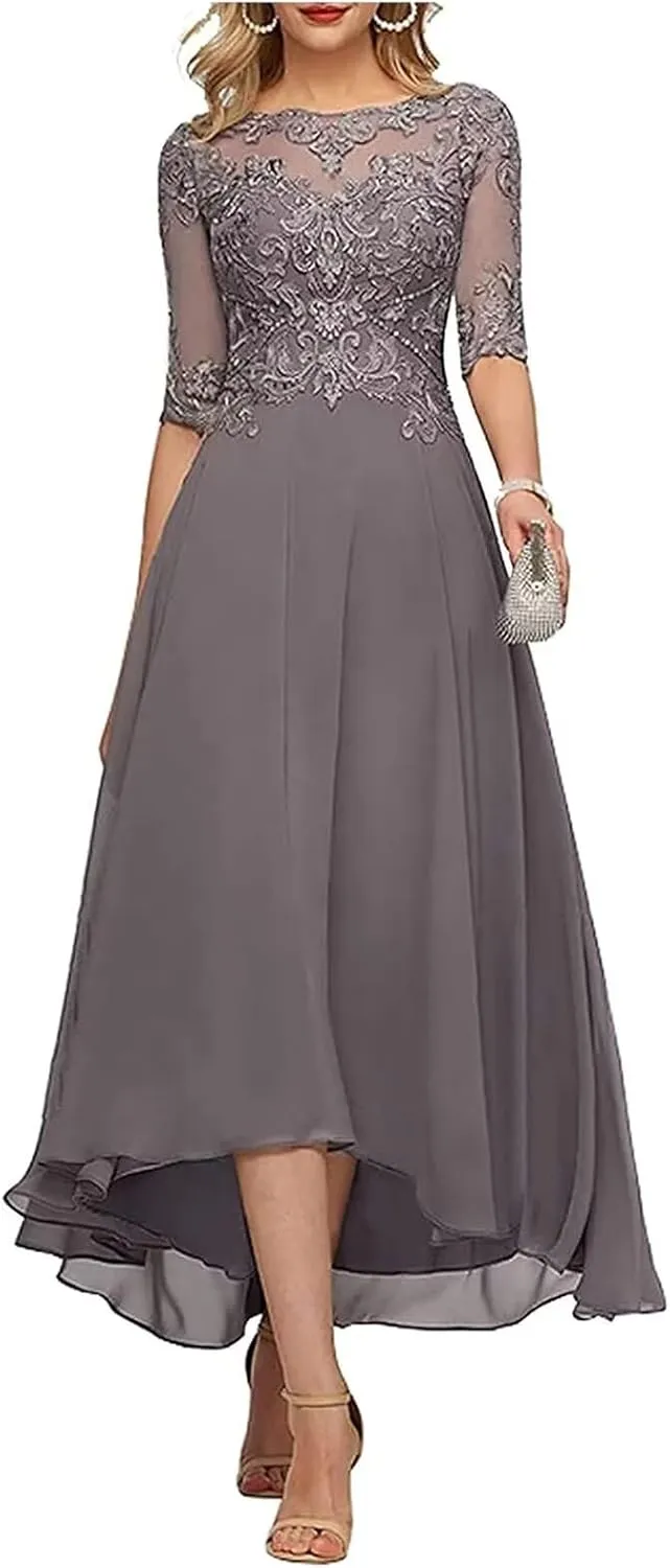Lace Appliques Mother of The Bride Dresses Tea Length 3/4 Sleeves Mother of The Groom Dresses for Wedding Guest