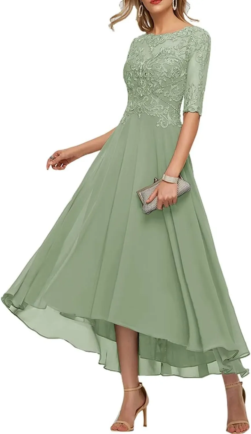 Lace Appliques Mother of The Bride Dresses Tea Length 3/4 Sleeves Mother of The Groom Dresses for Wedding Guest