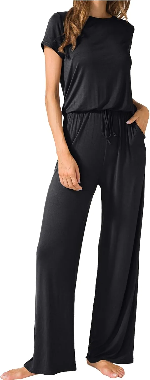 LAINAB Womens Soft Summer Jumpsuits Short Sleeve Casual Wide Legs Rompers