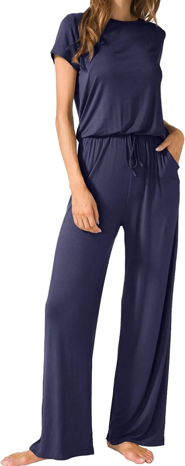 LAINAB Womens Soft Summer Jumpsuits Short Sleeve Casual Wide Legs Rompers