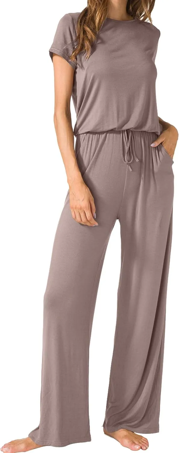 LAINAB Womens Soft Summer Jumpsuits Short Sleeve Casual Wide Legs Rompers