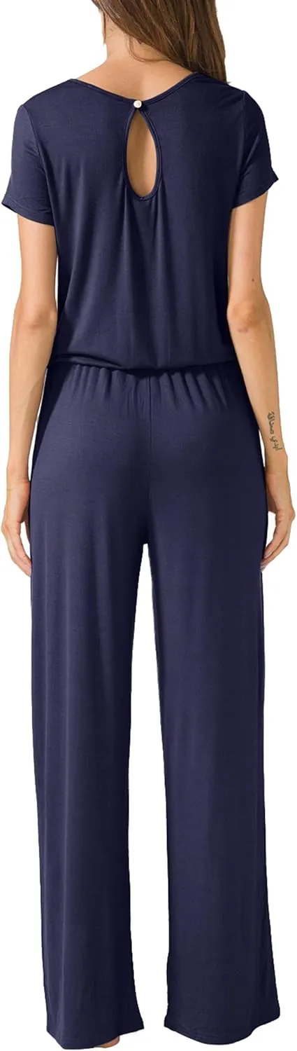 LAINAB Womens Soft Summer Jumpsuits Short Sleeve Casual Wide Legs Rompers