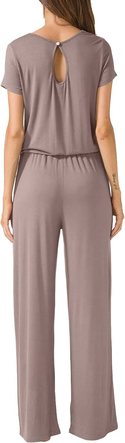 LAINAB Womens Soft Summer Jumpsuits Short Sleeve Casual Wide Legs Rompers