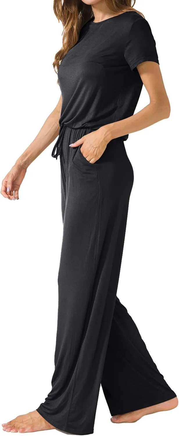 LAINAB Womens Soft Summer Jumpsuits Short Sleeve Casual Wide Legs Rompers