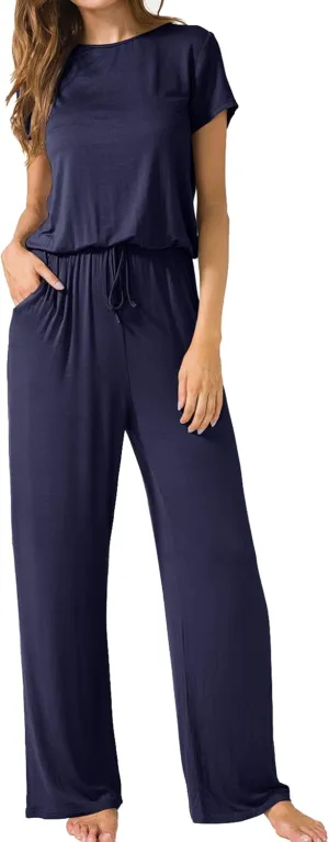 LAINAB Womens Soft Summer Jumpsuits Short Sleeve Casual Wide Legs Rompers