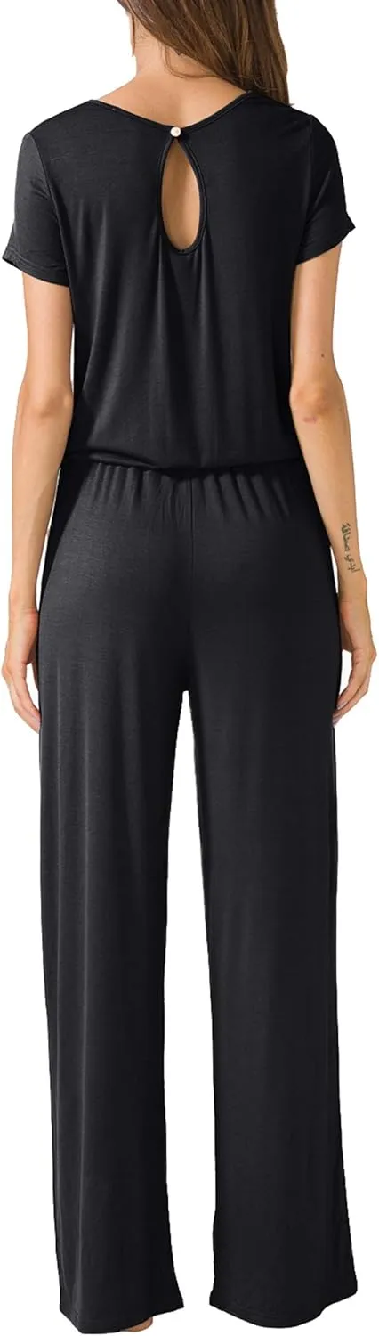 LAINAB Womens Soft Summer Jumpsuits Short Sleeve Casual Wide Legs Rompers