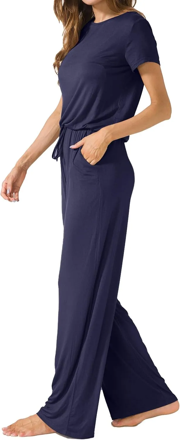 LAINAB Womens Soft Summer Jumpsuits Short Sleeve Casual Wide Legs Rompers