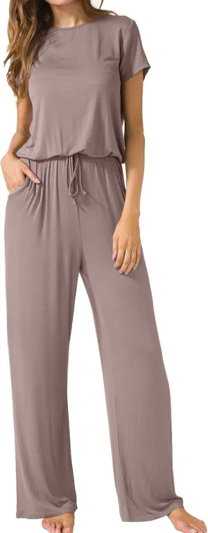 LAINAB Womens Soft Summer Jumpsuits Short Sleeve Casual Wide Legs Rompers