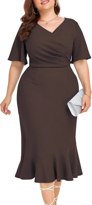 LALAGEN Plus Size Dress for Women Modest Short Sleeve Ruched Bodycon Mermaid Cocktail Midi Dresses 1X-6X
