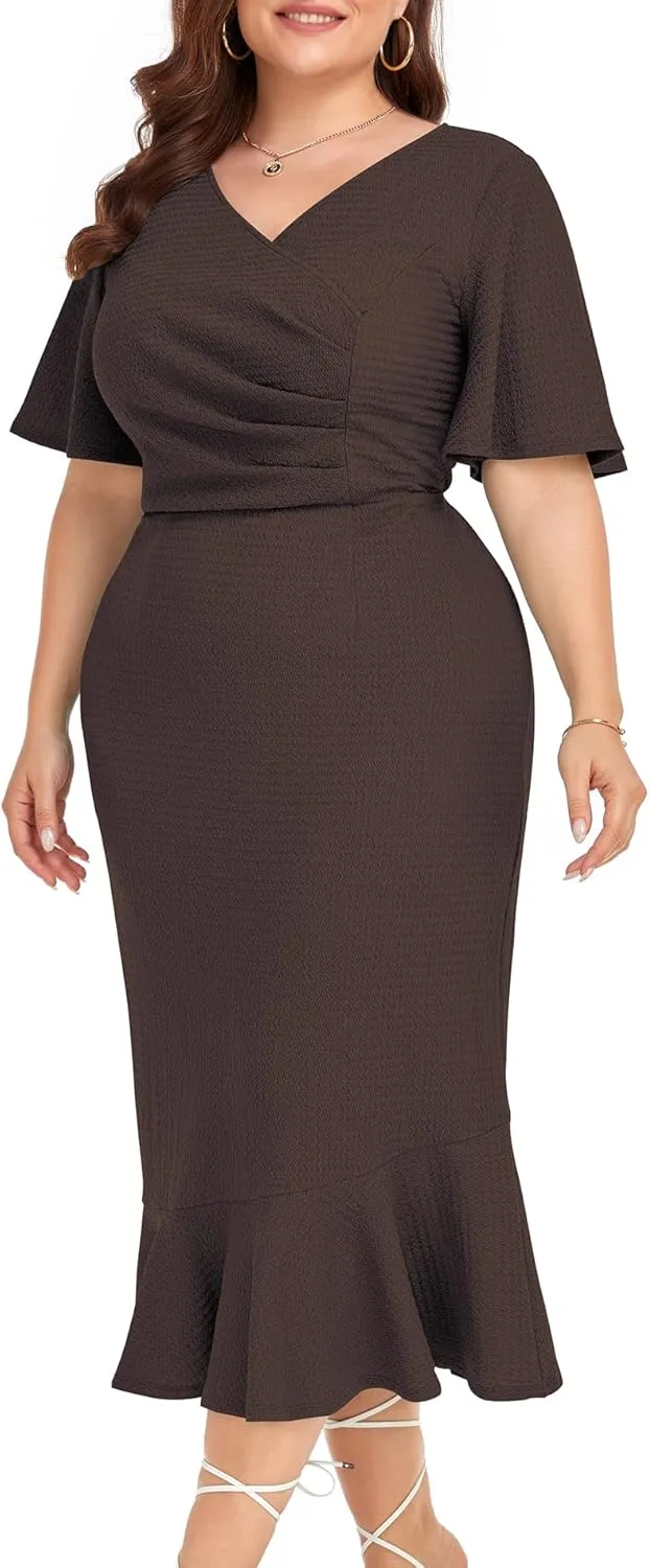 LALAGEN Plus Size Dress for Women Modest Short Sleeve Ruched Bodycon Mermaid Cocktail Midi Dresses 1X-6X