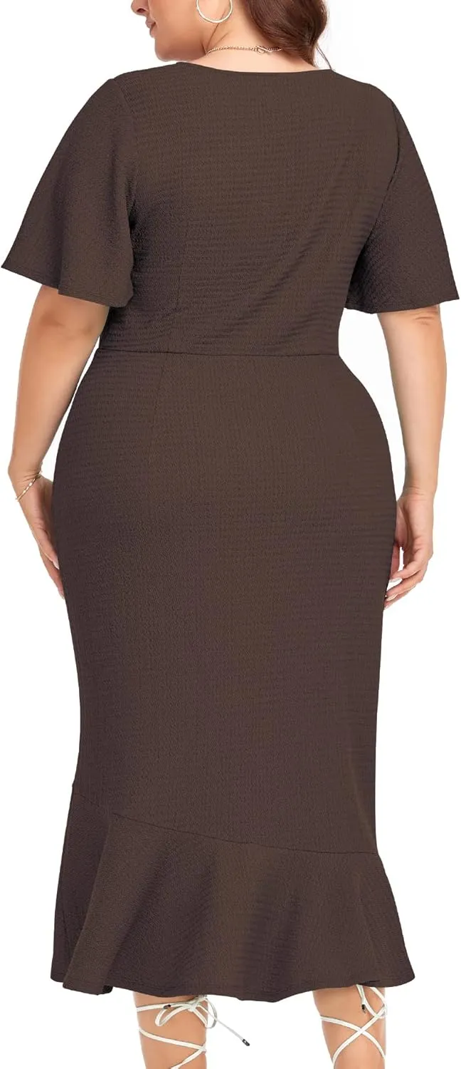 LALAGEN Plus Size Dress for Women Modest Short Sleeve Ruched Bodycon Mermaid Cocktail Midi Dresses 1X-6X