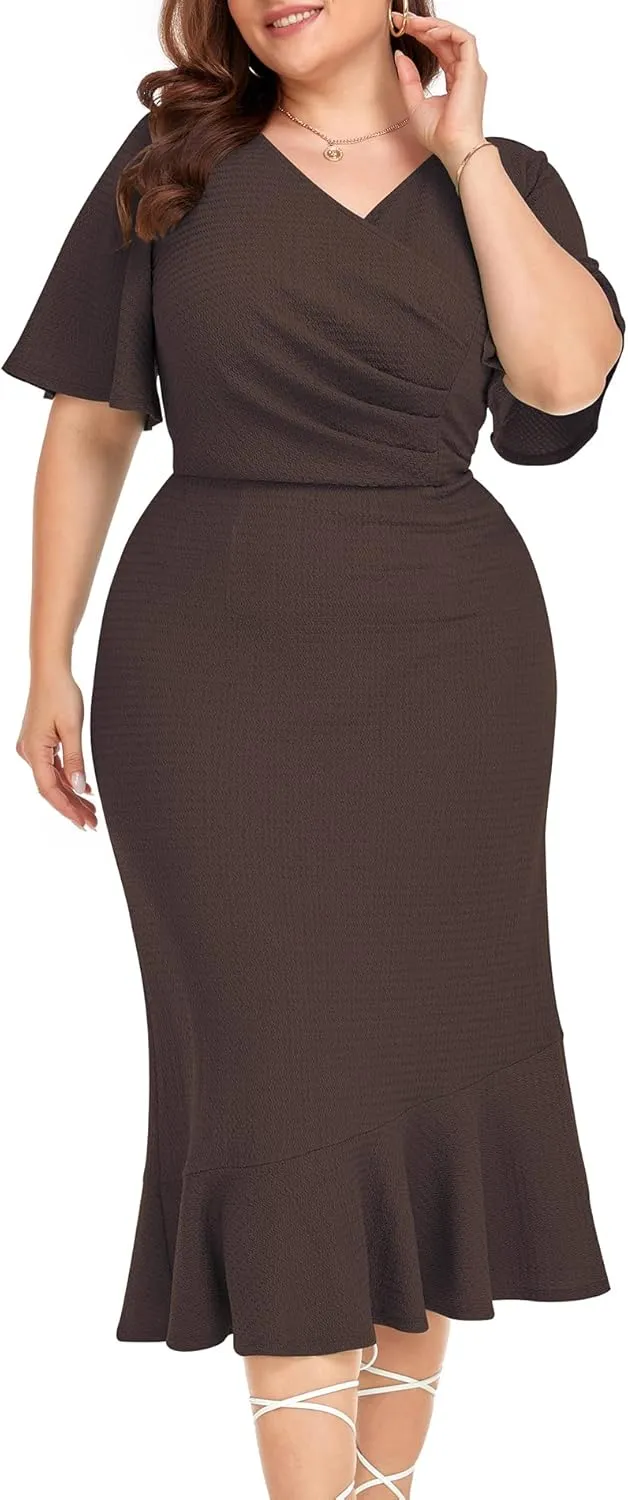LALAGEN Plus Size Dress for Women Modest Short Sleeve Ruched Bodycon Mermaid Cocktail Midi Dresses 1X-6X