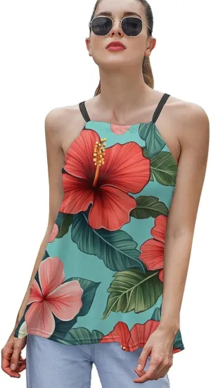 Leaf Print Women's Tank Top Sleeveless Spaghetti Strap Loose Casual Top Summer Beach Vacation Outfits Flowy Camisole