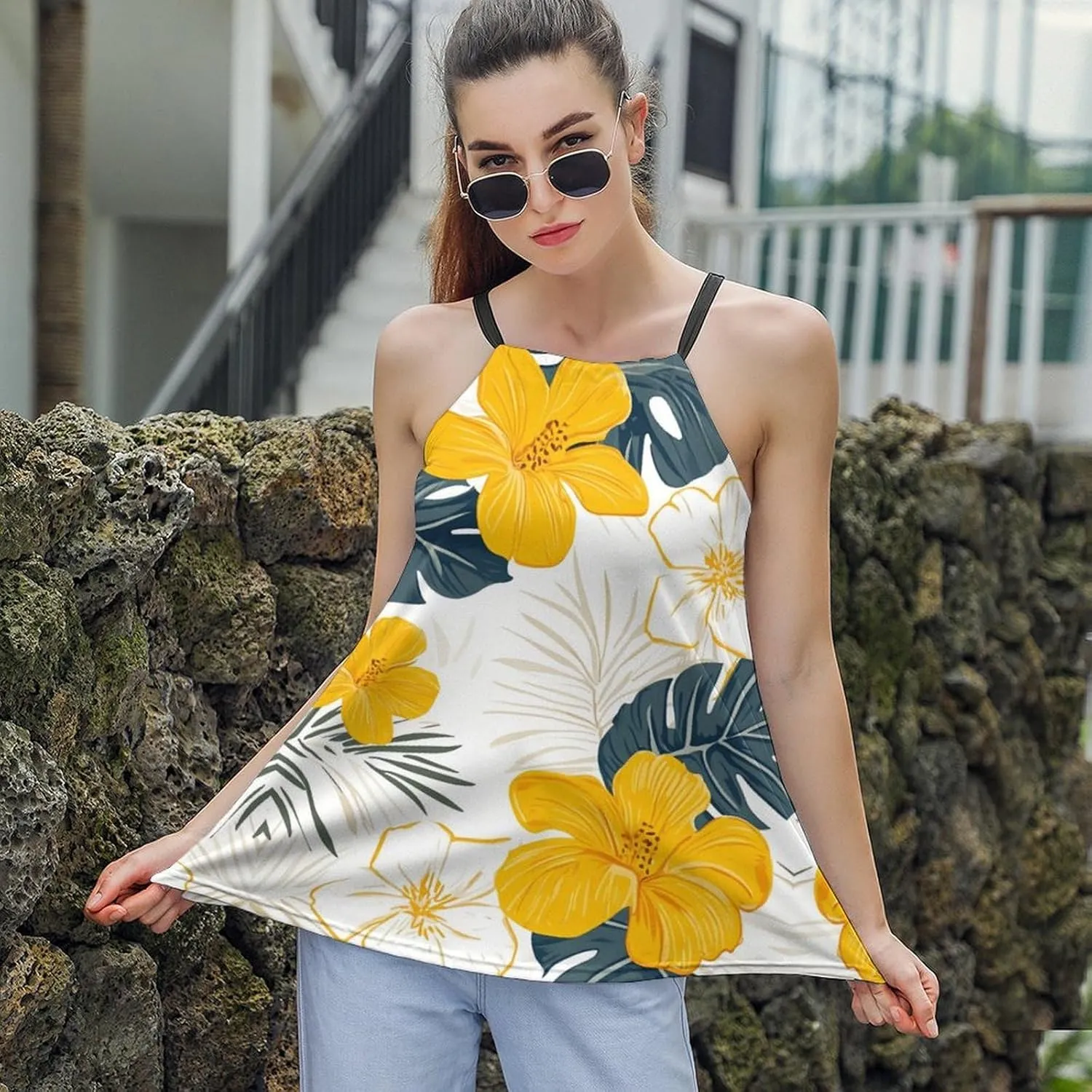 Leaf Print Women's Tank Top Sleeveless Spaghetti Strap Loose Casual Top Summer Beach Vacation Outfits Flowy Camisole