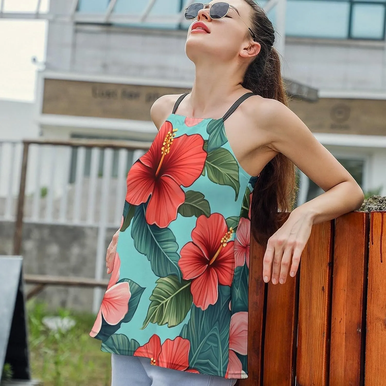 Leaf Print Women's Tank Top Sleeveless Spaghetti Strap Loose Casual Top Summer Beach Vacation Outfits Flowy Camisole