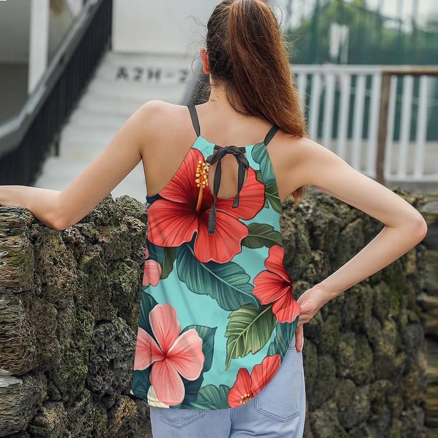 Leaf Print Women's Tank Top Sleeveless Spaghetti Strap Loose Casual Top Summer Beach Vacation Outfits Flowy Camisole