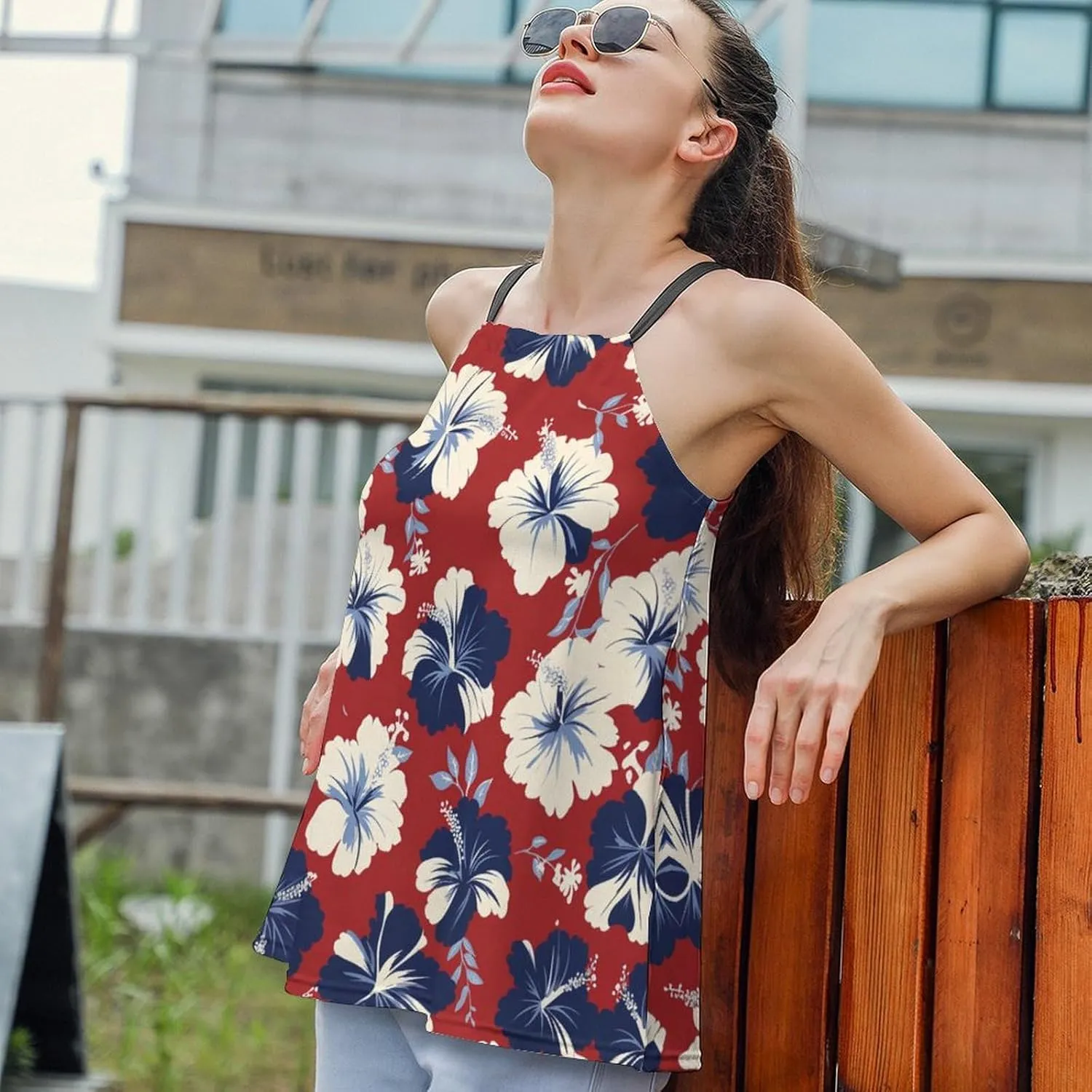 Leaf Print Women's Tank Top Sleeveless Spaghetti Strap Loose Casual Top Summer Beach Vacation Outfits Flowy Camisole
