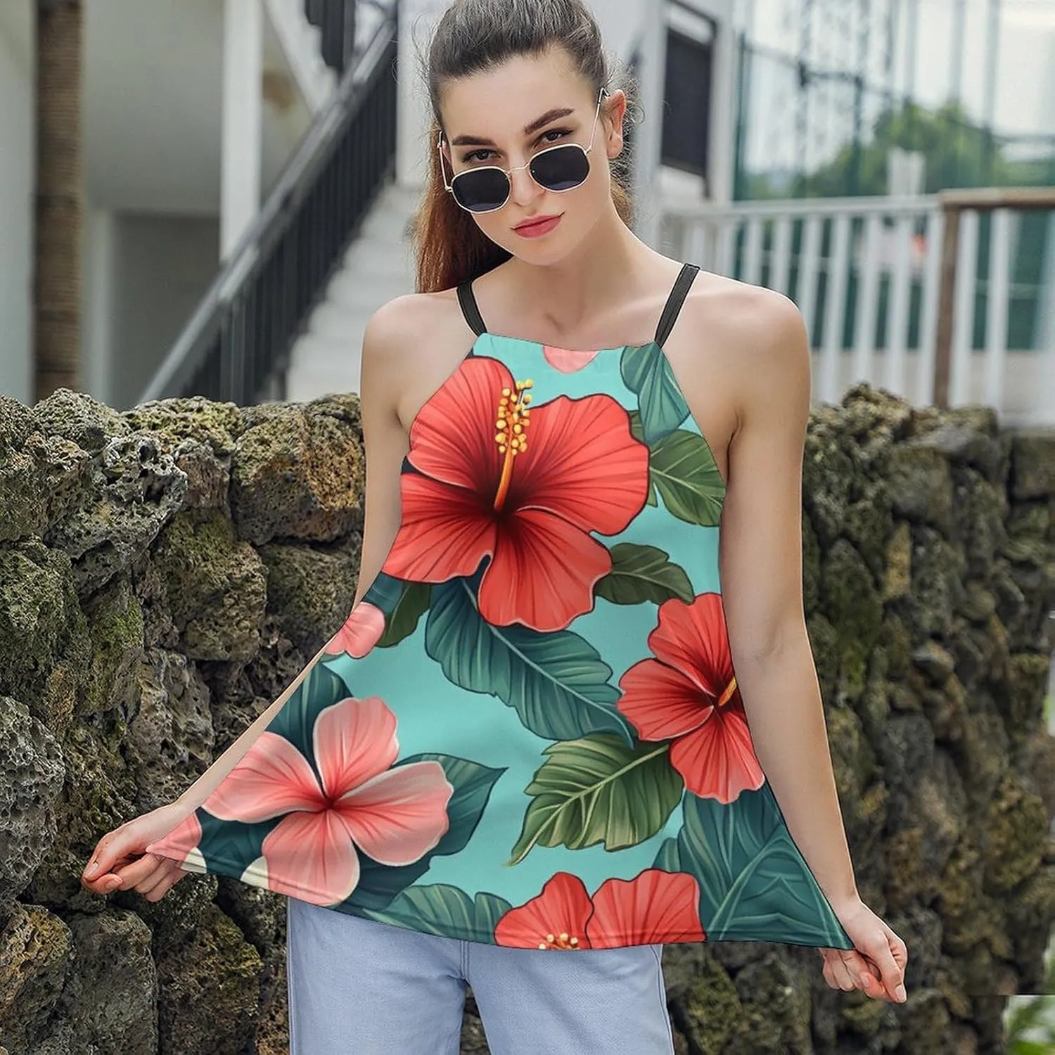 Leaf Print Women's Tank Top Sleeveless Spaghetti Strap Loose Casual Top Summer Beach Vacation Outfits Flowy Camisole