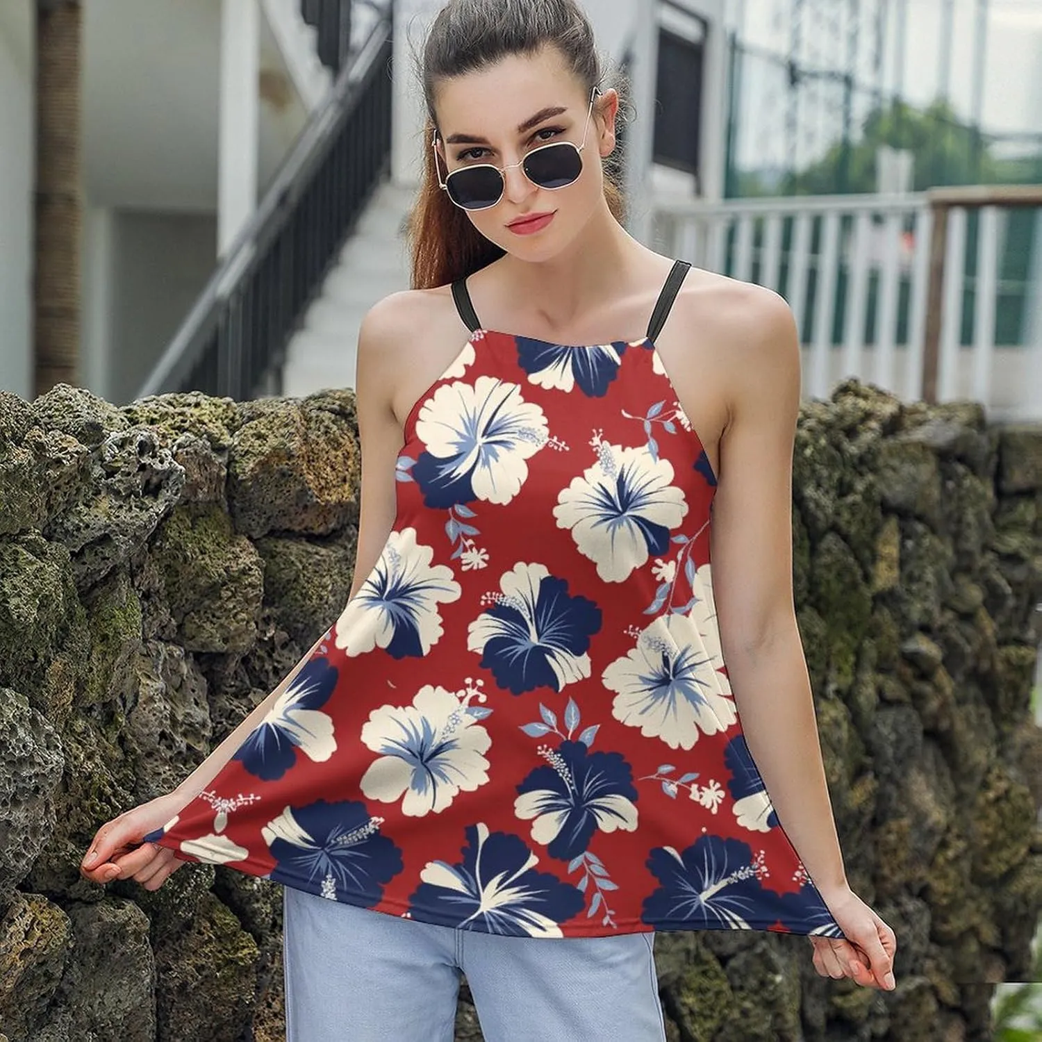 Leaf Print Women's Tank Top Sleeveless Spaghetti Strap Loose Casual Top Summer Beach Vacation Outfits Flowy Camisole