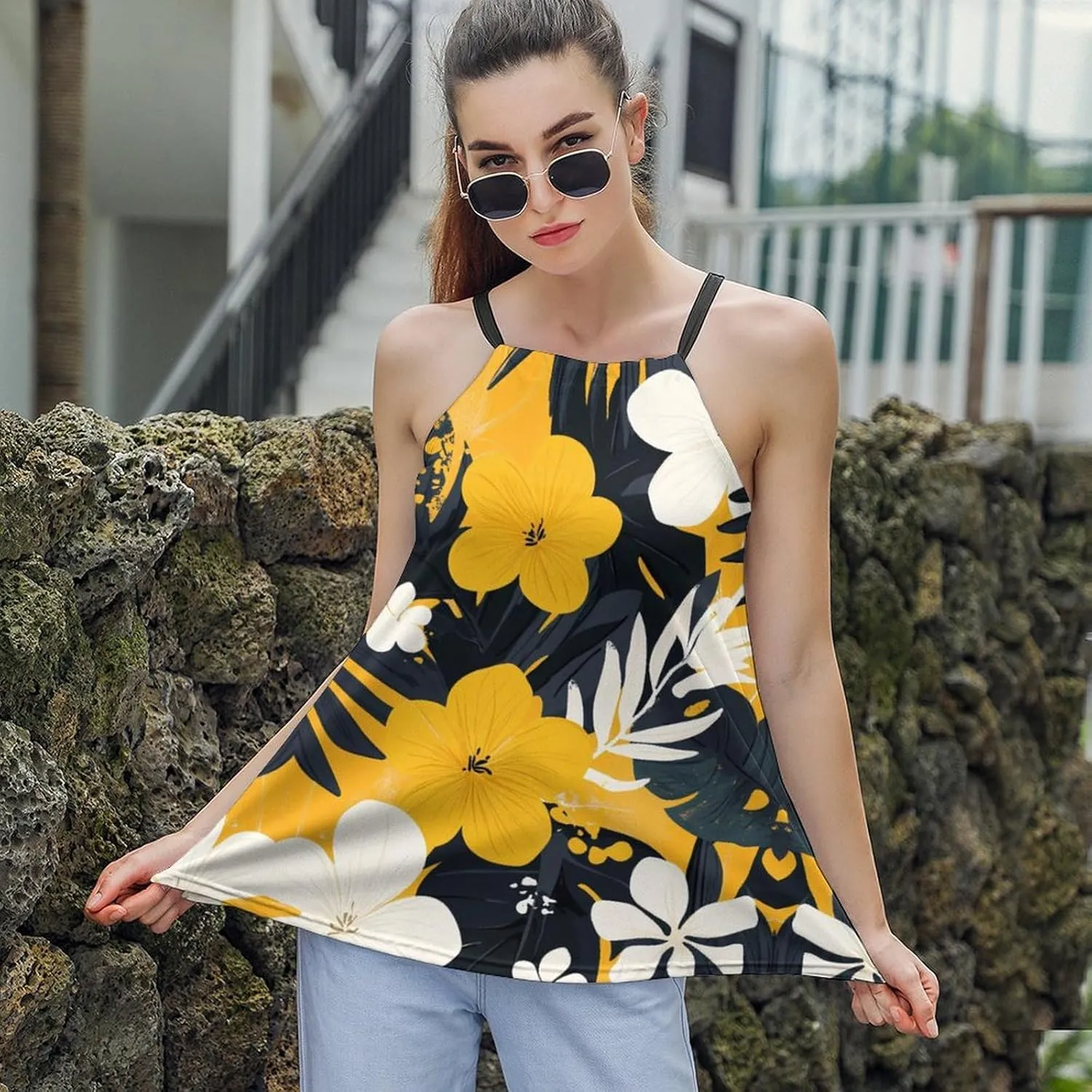 Leaf Print Women's Tank Top Sleeveless Spaghetti Strap Loose Casual Top Summer Beach Vacation Outfits Flowy Camisole