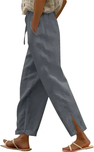Linen Pants Women Summer Elastic Waist Pants Straight Leg Pants Lounge Beach Trousers with Pockets