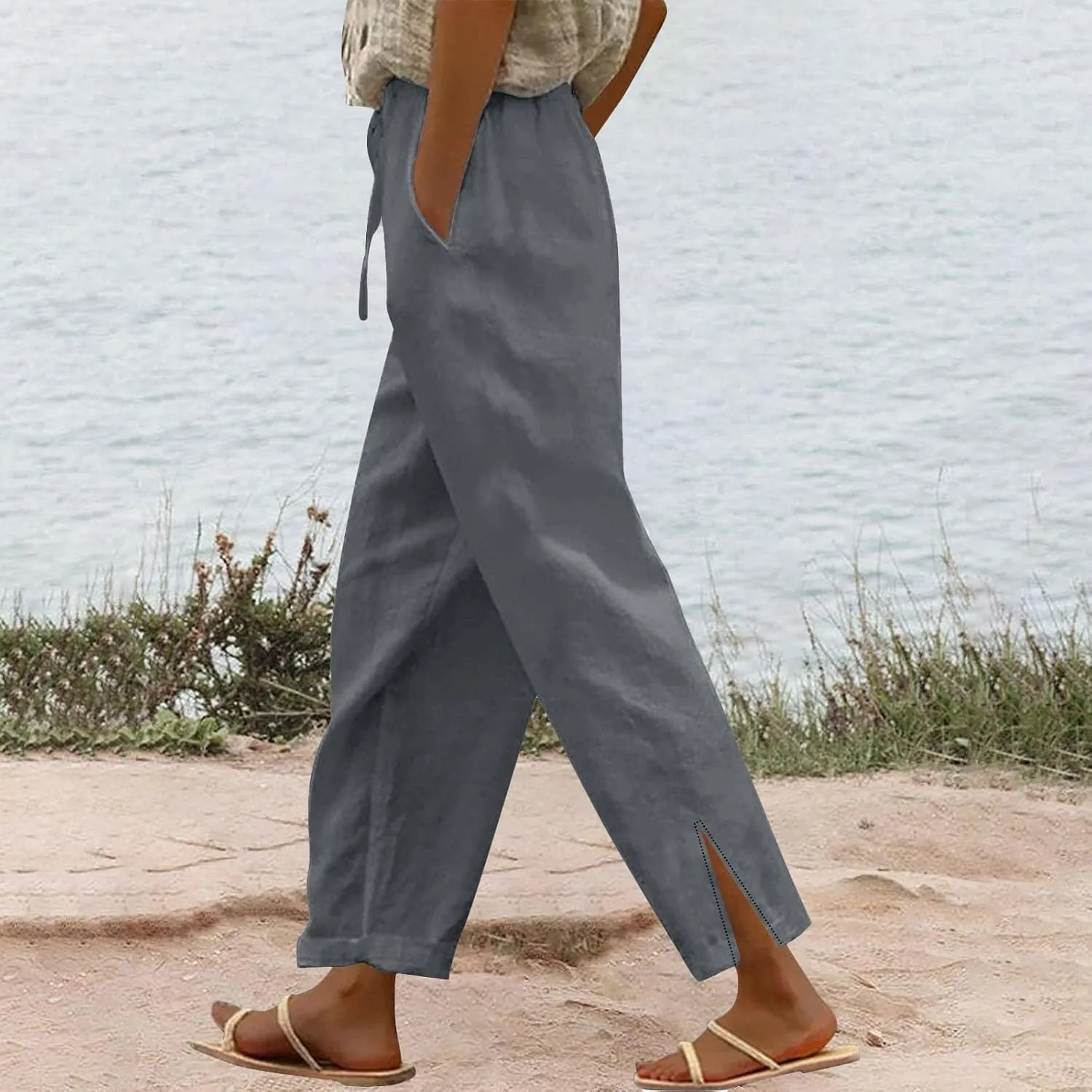 Linen Pants Women Summer Elastic Waist Pants Straight Leg Pants Lounge Beach Trousers with Pockets