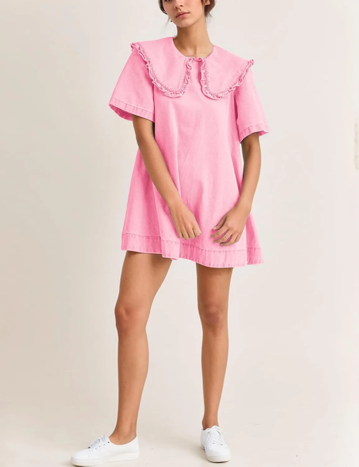 Livtany Women's Peter Pan Ruffle Collar Mini Dress Babydoll Short Sleeve Short Dress Denim Summer Dresses with Side Pockets
