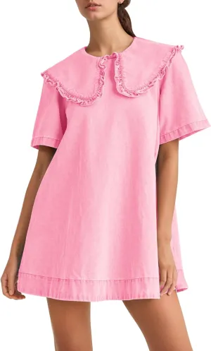 Livtany Women's Peter Pan Ruffle Collar Mini Dress Babydoll Short Sleeve Short Dress Denim Summer Dresses with Side Pockets